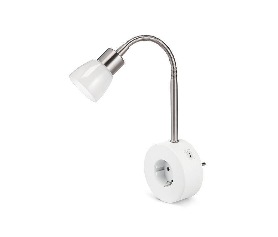 Eine weiße LED-Schwenkleuchte mit Schwanenhals und integrierter Steckdose.