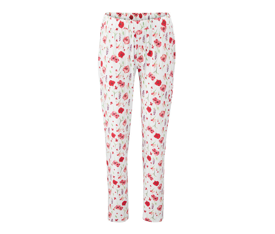 Weisse Pyjamahose mit rotem Blumenmuster.