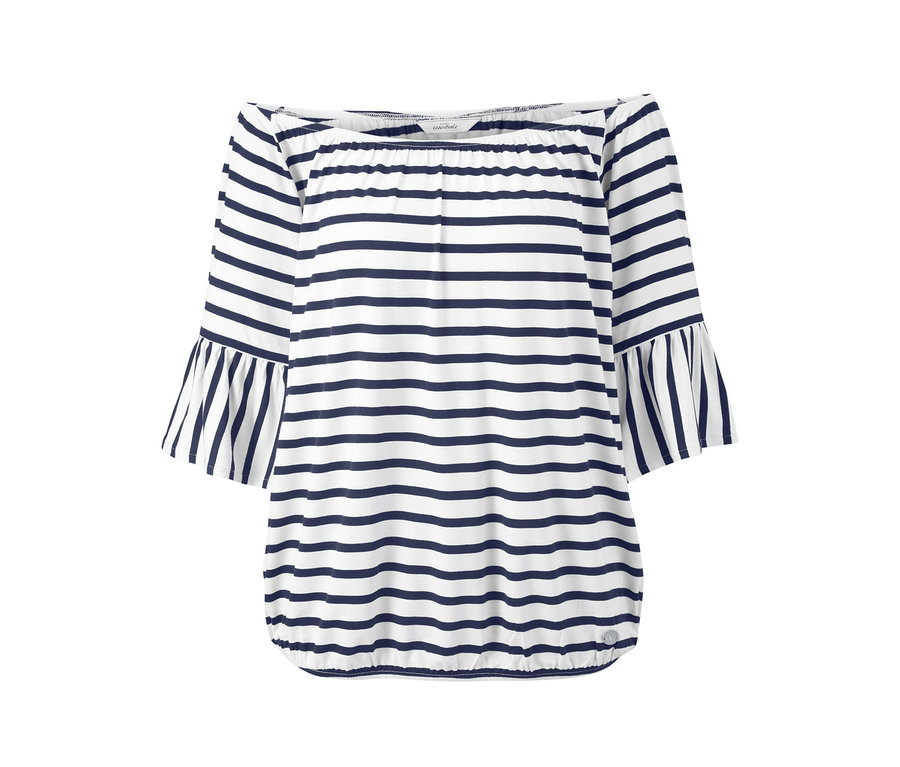 Ein Offshoulder-Blusenshirt mit blau-weissen Streifen.