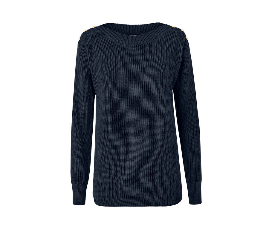 Marineblauer Strickpullover mit Knöpfen an den Schultern.