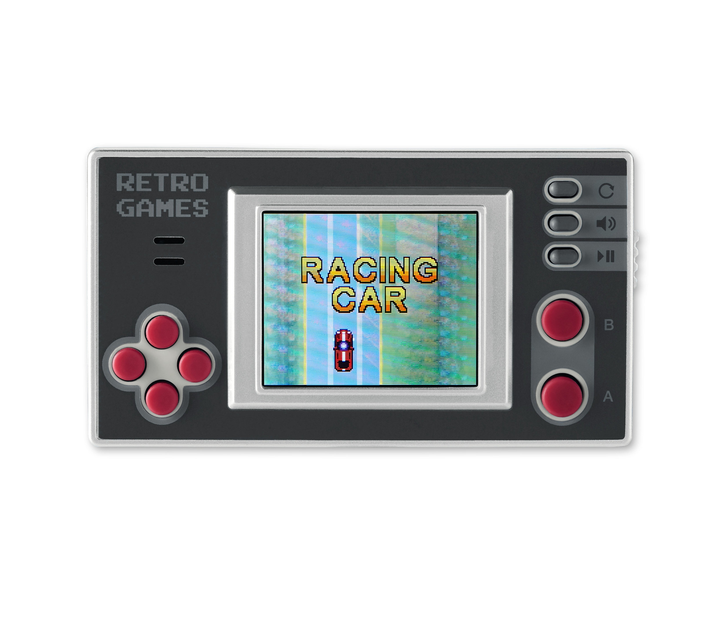 Detail einer Retro-Mini-Spielekonsole mit dem Spiel Rennwagen auf dem Bildschirm.