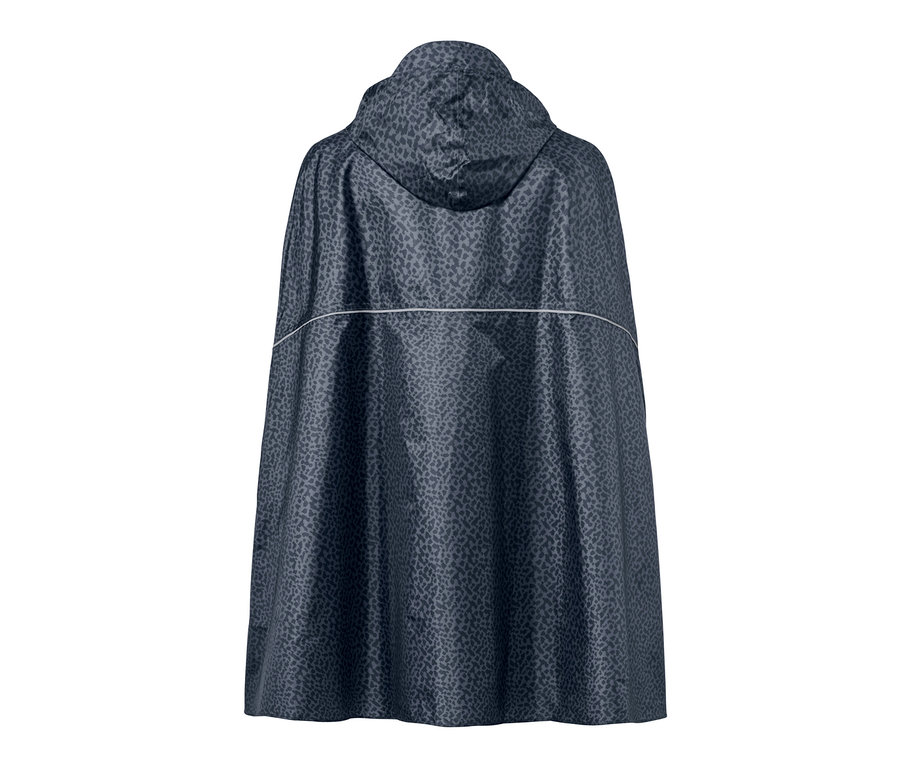 Rückansicht eines Regenponchos mit Kapuze und grauem Muster.