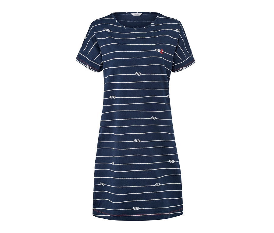 Blaues Jerseykleid mit weißen Streifen und Knotenmuster.
