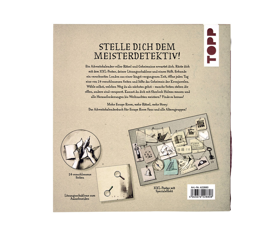 Buch »Der Escape-Room-Adventskalender – der Diamantenraub in London« mit Rätseln.