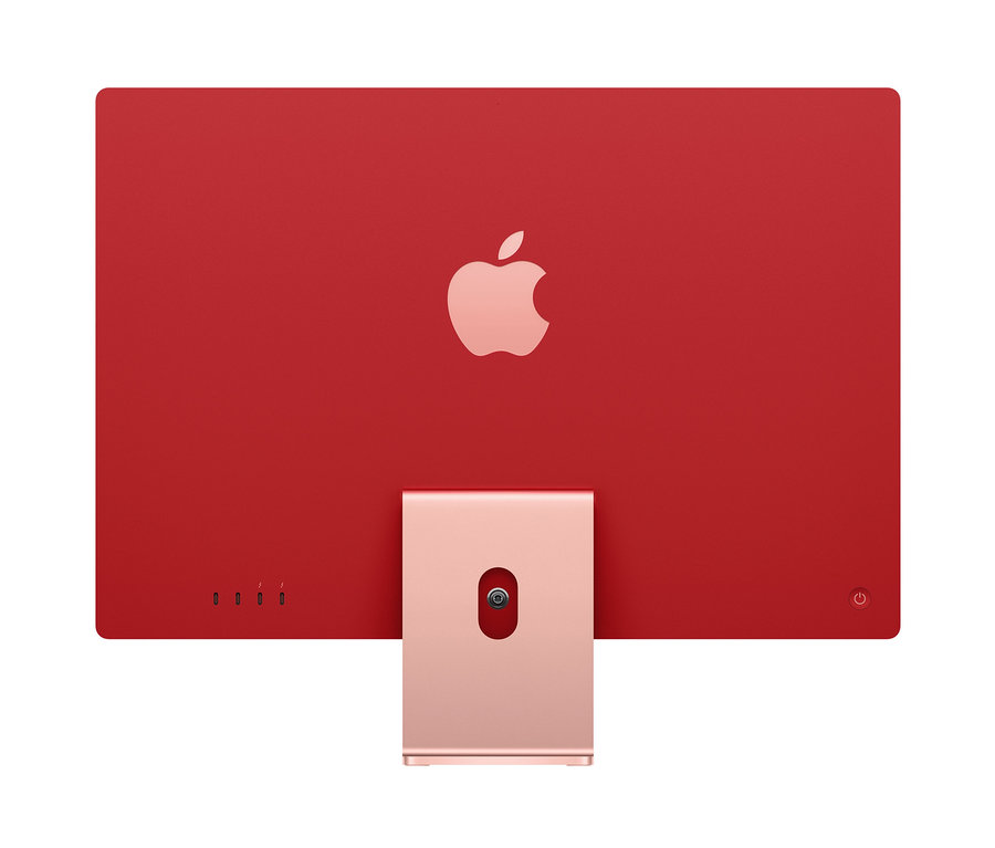 Detail der Rückseite eines rosafarbenen Apple iMac 24".