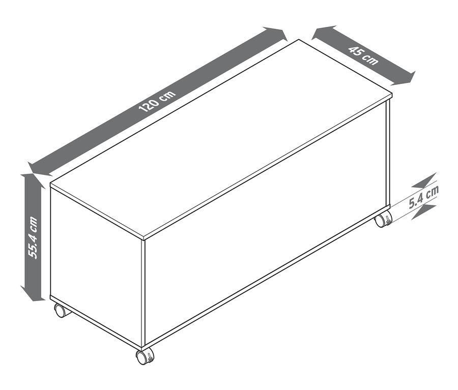 Illustration einer weißen Stauraumtruhe mit Maßangaben.