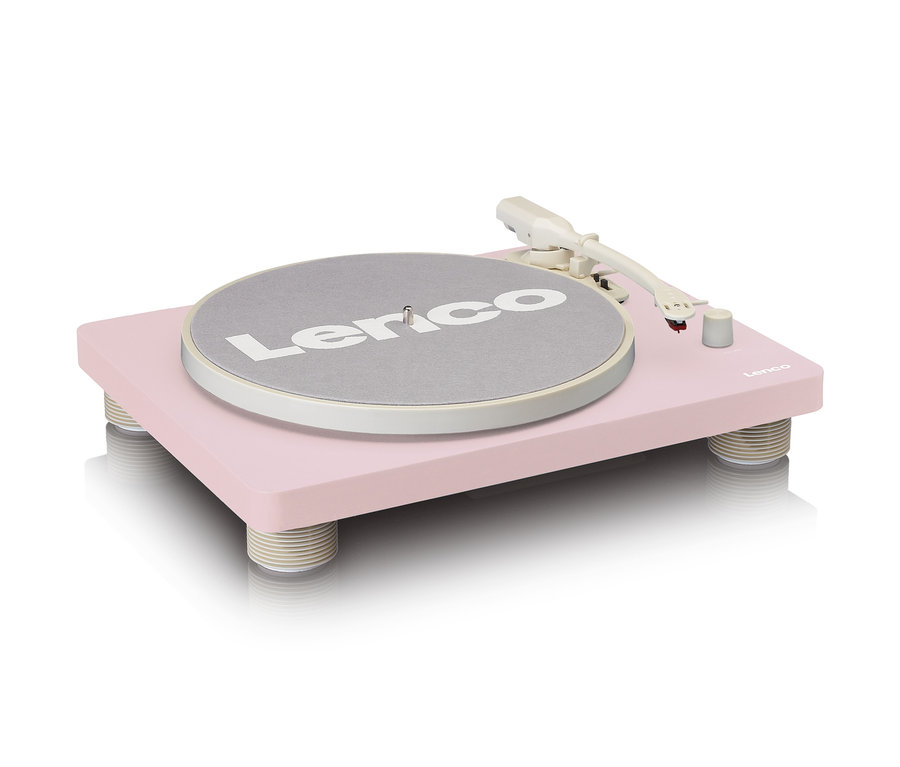 Rosa Lenco Plattenspieler »LS-50PK« mit integrierten Lautsprechern und grauem Plattenteller.