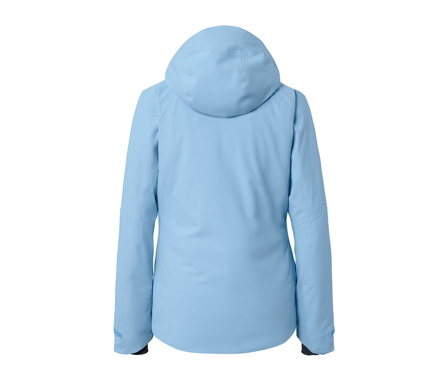 Rückansicht der hellblauen Skijacke mit Kapuze.
