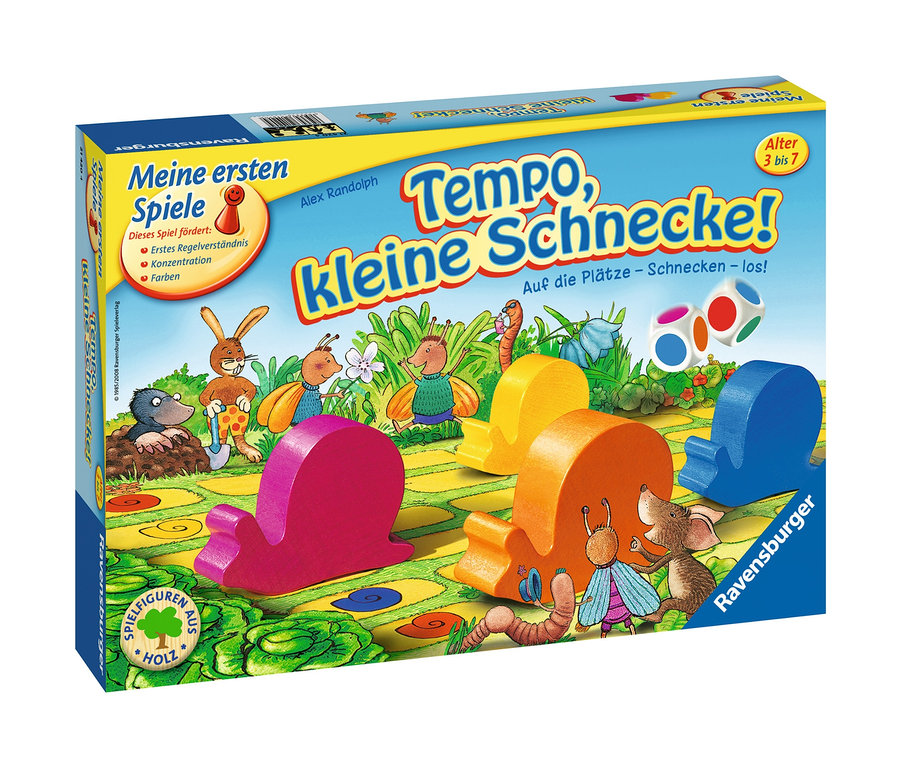 Verpackung des Brettspiels Ravensburger »Tempo, kleine Schnecke!« mit Holzschnecken und Würfeln.