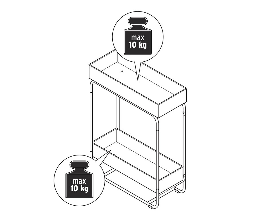 Eine Zeichnung von einem Plant-Box und Plant-Box, blau. Maximale Belastung 10 kg.