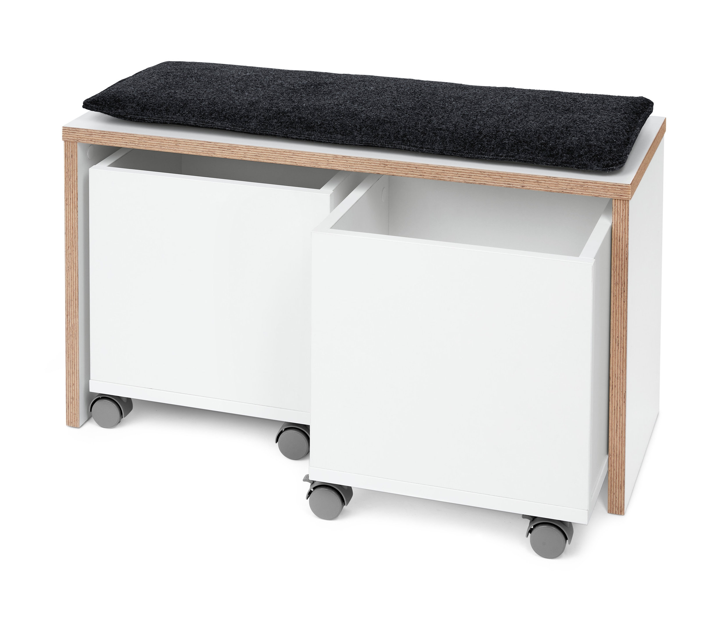 Sitzbank mit Aufbewahrungskisten und Echtholz-Multiplexkanten.