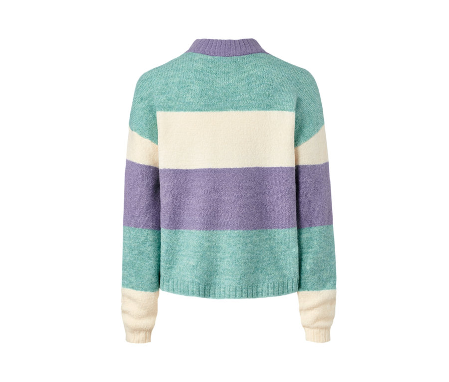 Gestreifter Strickpullover in Türkis, Creme und Lila.