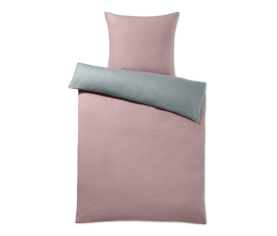 Rosa Microfaser-Flanell-Bettwäsche, Normalgröße, mit grauem Kissen.