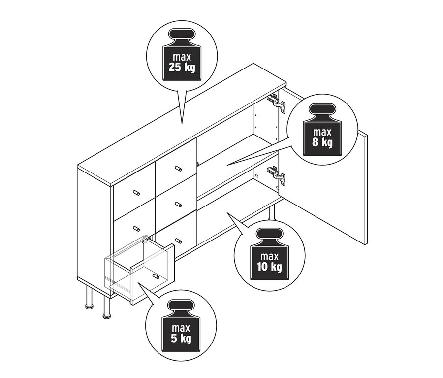 Illustration eines schmalen Sideboards mit offener Schublade und Tür.