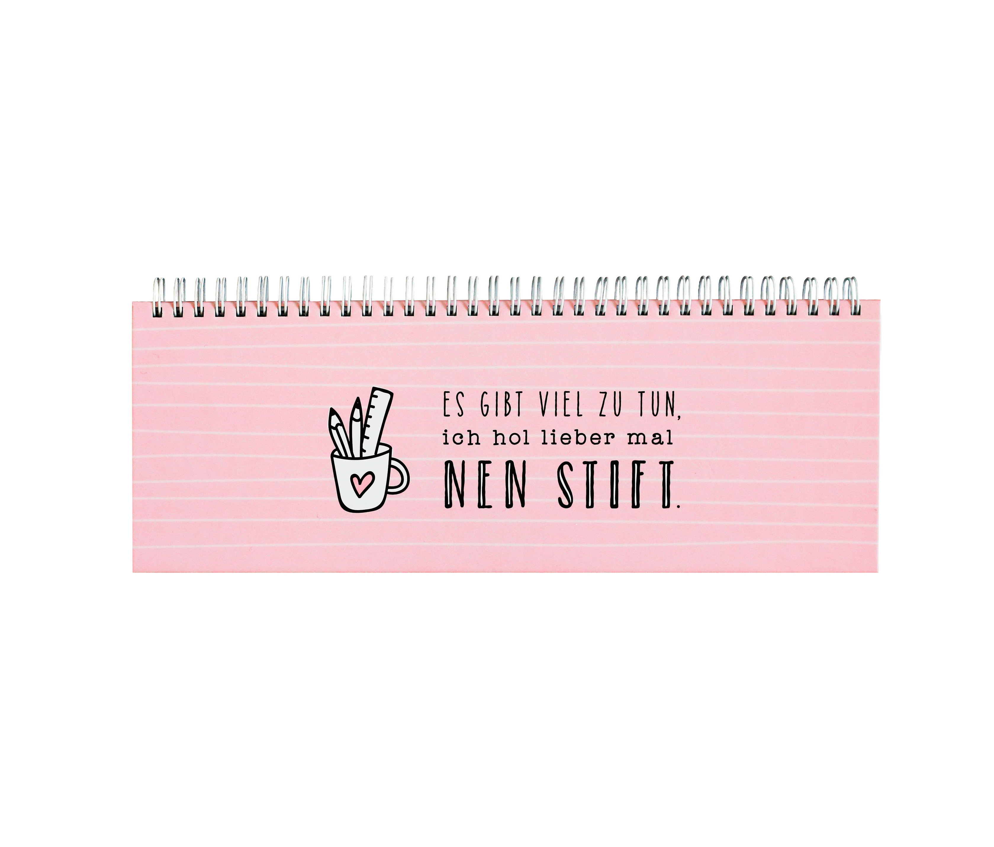 Tischkalender »Es gibt viel zu tun« mit Stiften und Lineal in einer Tasse.