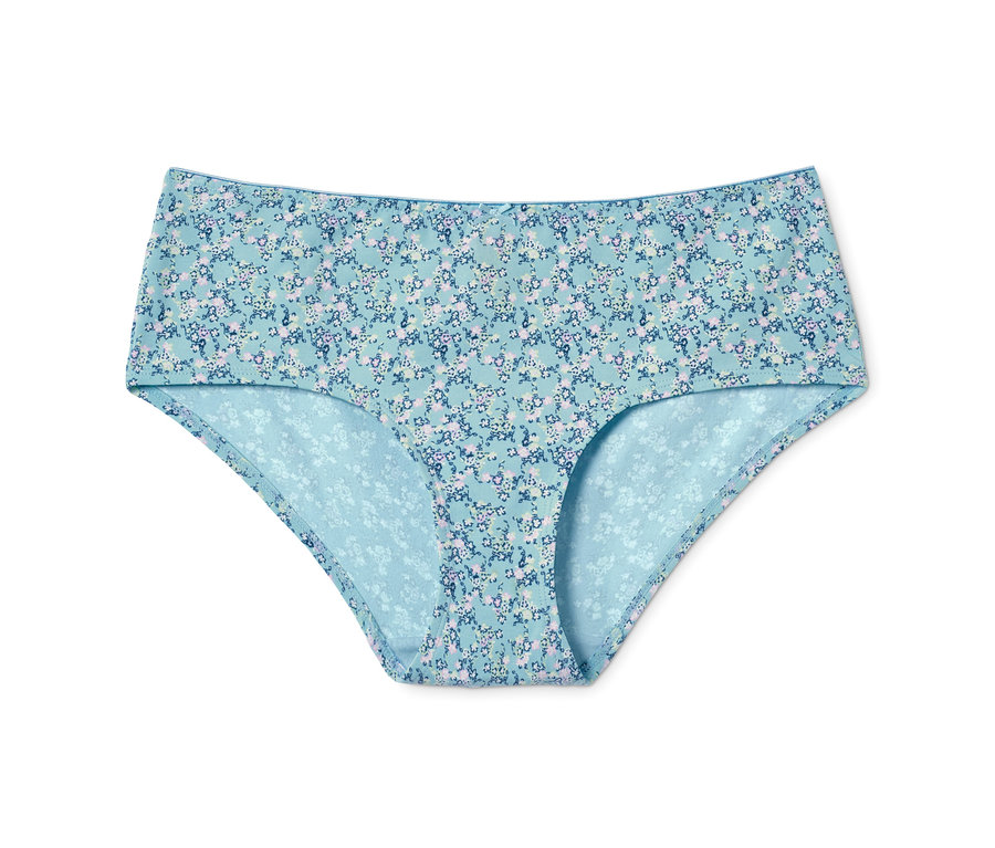 Detailansicht einer hellblauen Panty mit Blumenmuster.