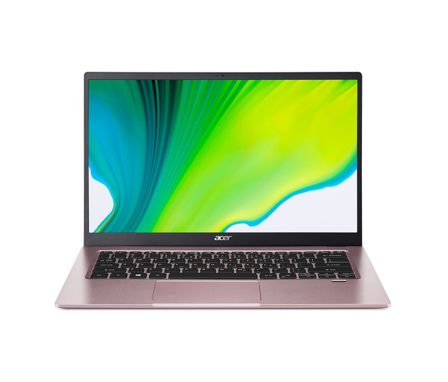 Detailansicht eines geöffneten, pinkfarbenen Acer Swift 1 Notebooks.