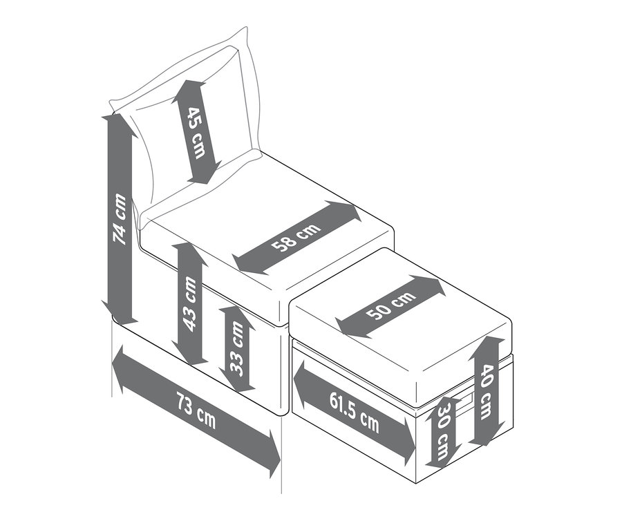 Eine Skizze von dem Lounge-Sessel »Thore« mit Ausziehfunktion und den dazugehörigen Maßen.