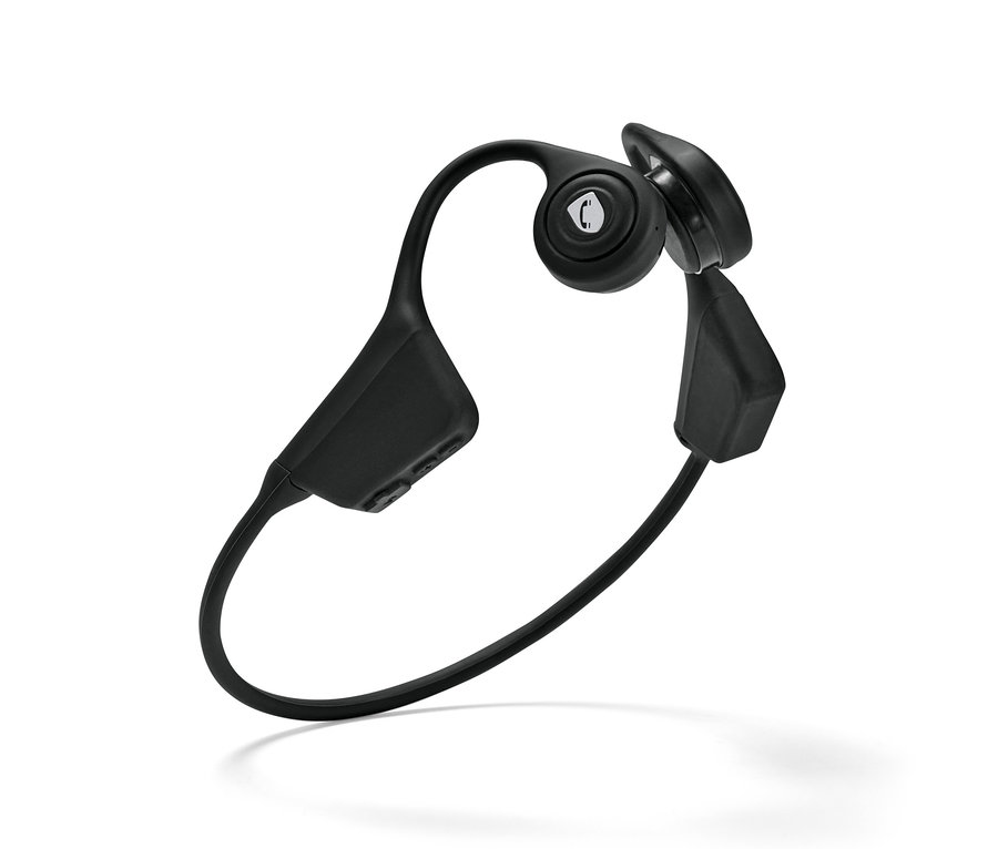 Schwarze Bluetooth-Kopfhörer mit Knochenleitung auf weißem Hintergrund.