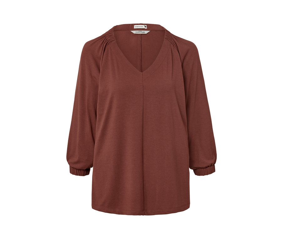 Terrakottafarbenes Shirt mit Raffung, V-Ausschnitt und langen Ärmeln.