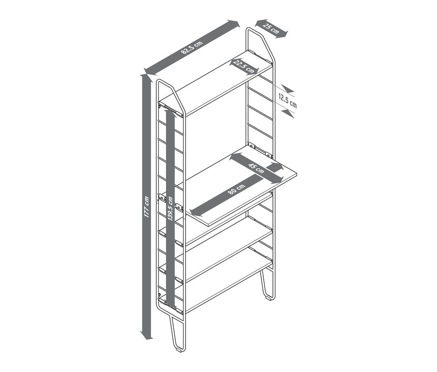 Illustration eines Wandregals mit Arbeitsfläche und Abmessungen.