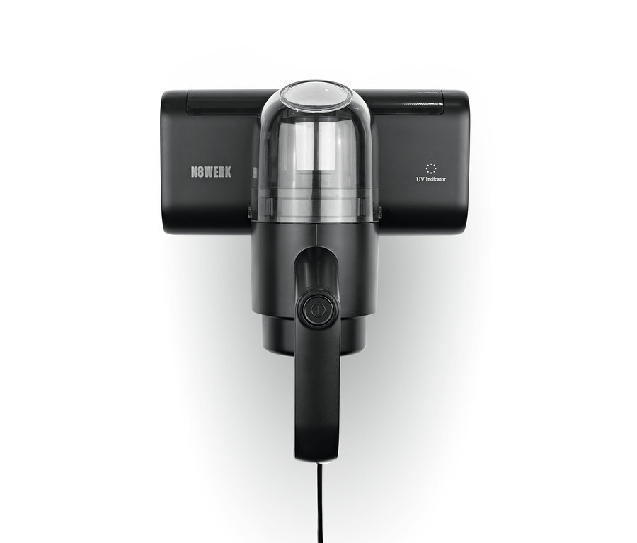 Schwarzer N8WERK Milbensauger mit pulsierender Bürste auf weißem Hintergrund.