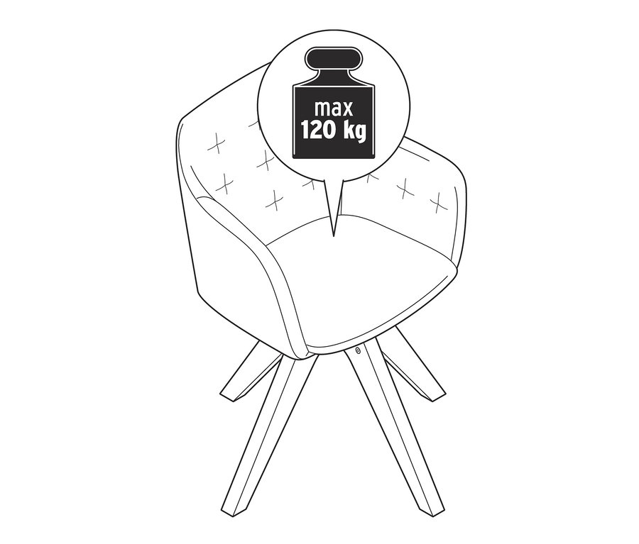 Skizze eines drehbaren Esszimmerstuhls mit einer maximalen Tragkraft von 120 kg.