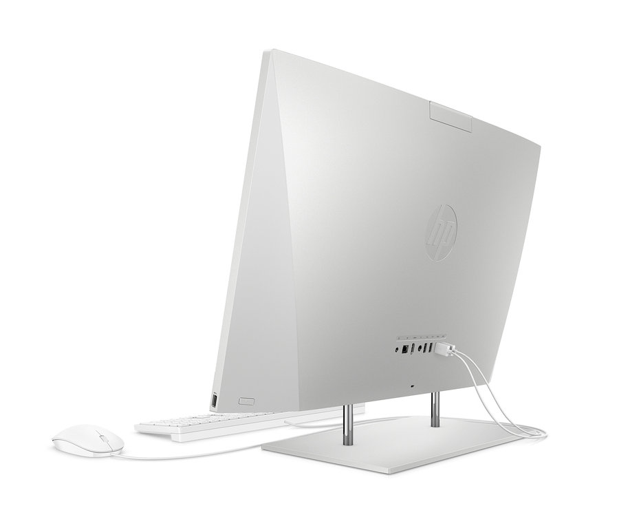 Weißer HP 27" All-in-One PC mit Tastatur und Maus.