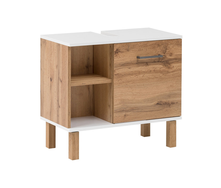 Schildmeyer-Waschbeckenunterschrank »WBU 650 Wido« in Holzoptik mit weißer Platte und offenen Regalen.
