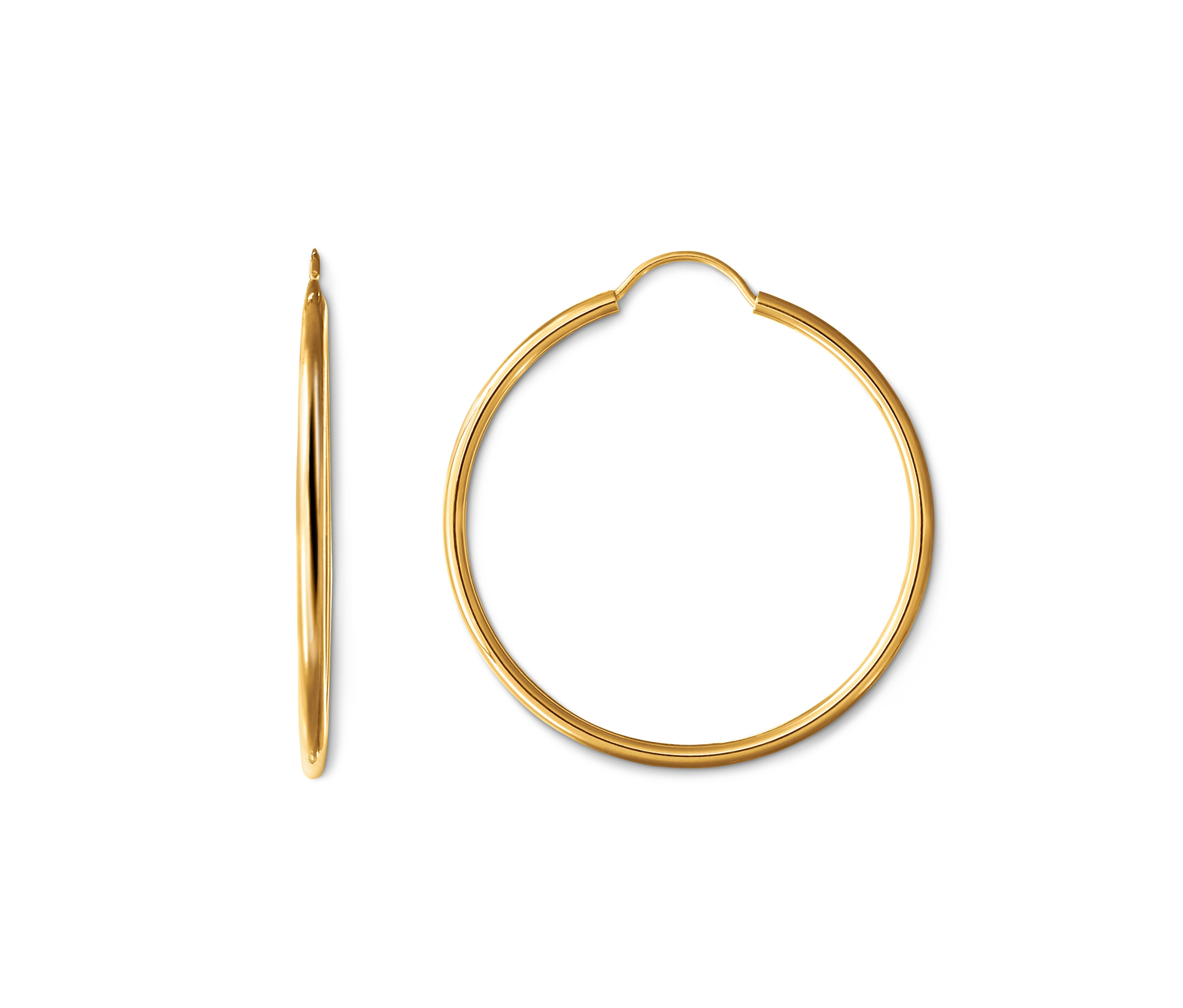 Zwei goldene Creolen (585 Gelbgold, flexibel) und eine Creole (333 Gelbgold, flexibel).