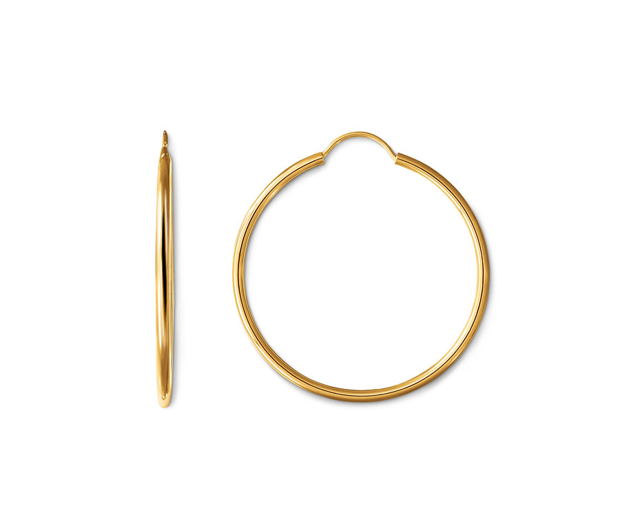 Zwei goldene Creolen (585 Gelbgold, flexibel) und eine Creole (333 Gelbgold, flexibel).
