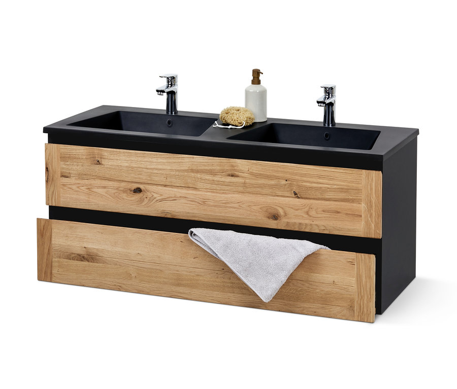 Doppelwaschtisch inkl. Mineralgusswaschbecken mit schwarzer Platte und Holzschubladen.