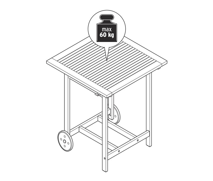 Zeichnung eines klappbaren Balkon-Sets mit maximaler Traglast von 60 kg.