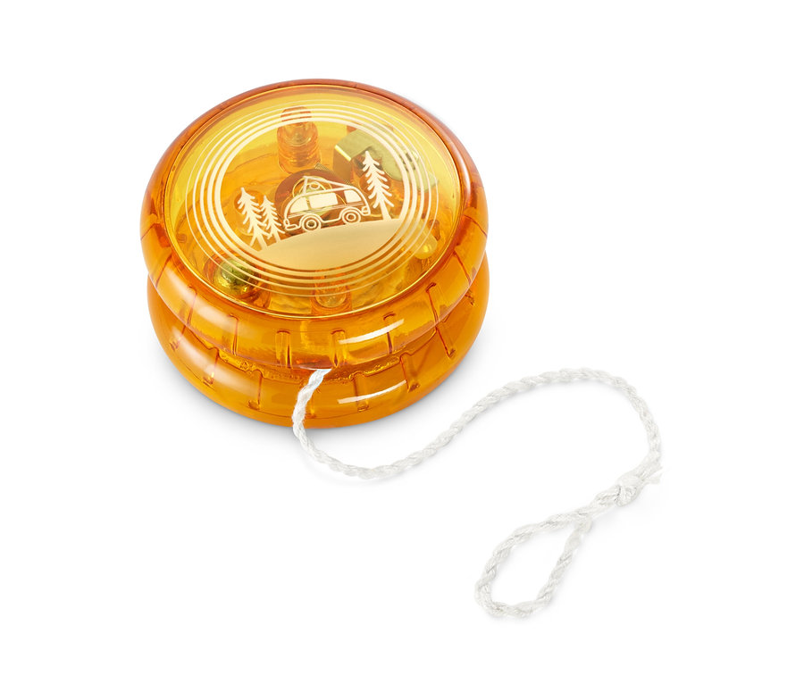 Orangefarbenes Jo-Jo mit LED-Effekt Spielzeug mit weißer Schnur auf weißem Hintergrund.