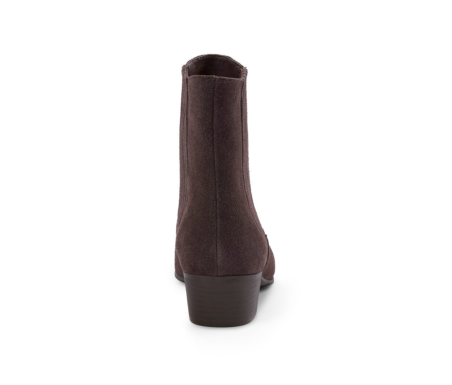 Braune Stiefelette aus chromfrei gegerbtem Veloursleder von hinten.