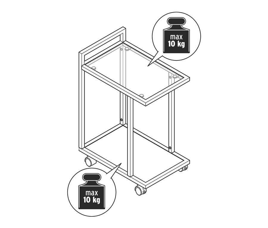Eine schematische Darstellung eines Servierwagens mit zwei Ablagen und Rollen. Die maximale Traglast beträgt 10 kg pro Ablage.