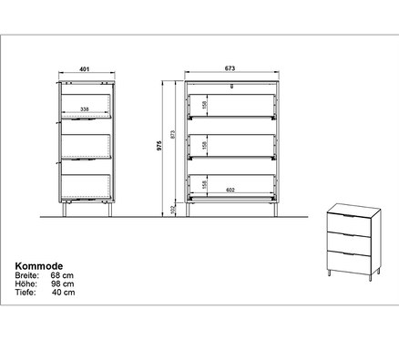 Diagramme einer Kommode »CALIFORNIA« mit Schubladen, weiß.