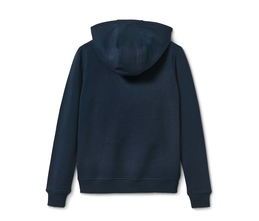 Dunkelblaue Sweatjacke mit Kapuze.