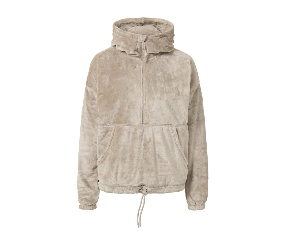 Beiger Teddyplüsch-Half-Zip-Pullover.