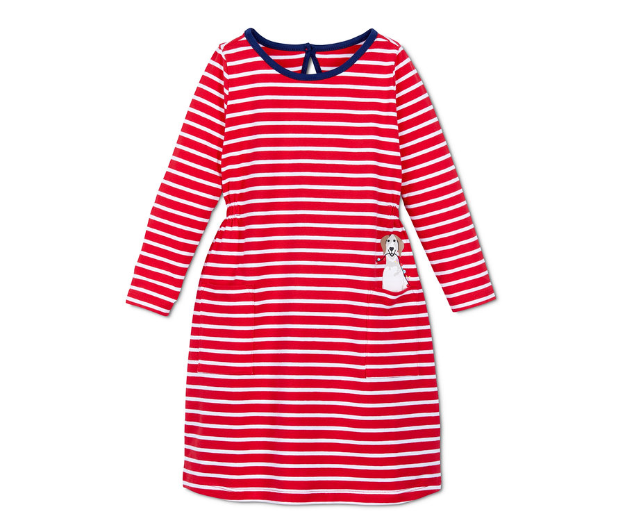 Rot-weiß gestreiftes Jerseykleid mit langen Ärmeln und Hundeapplikation auf der Tasche.