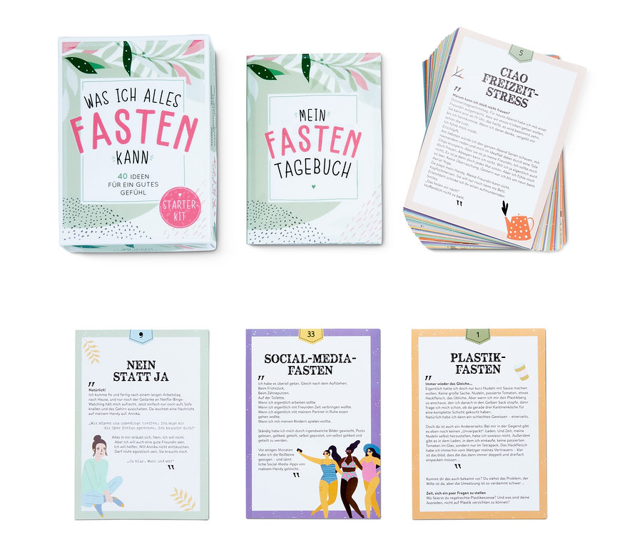 Das Bild zeigt ein Starter-Kit Fasten: »Was ich alles fasten kann« und andere Karten mit Ideen.