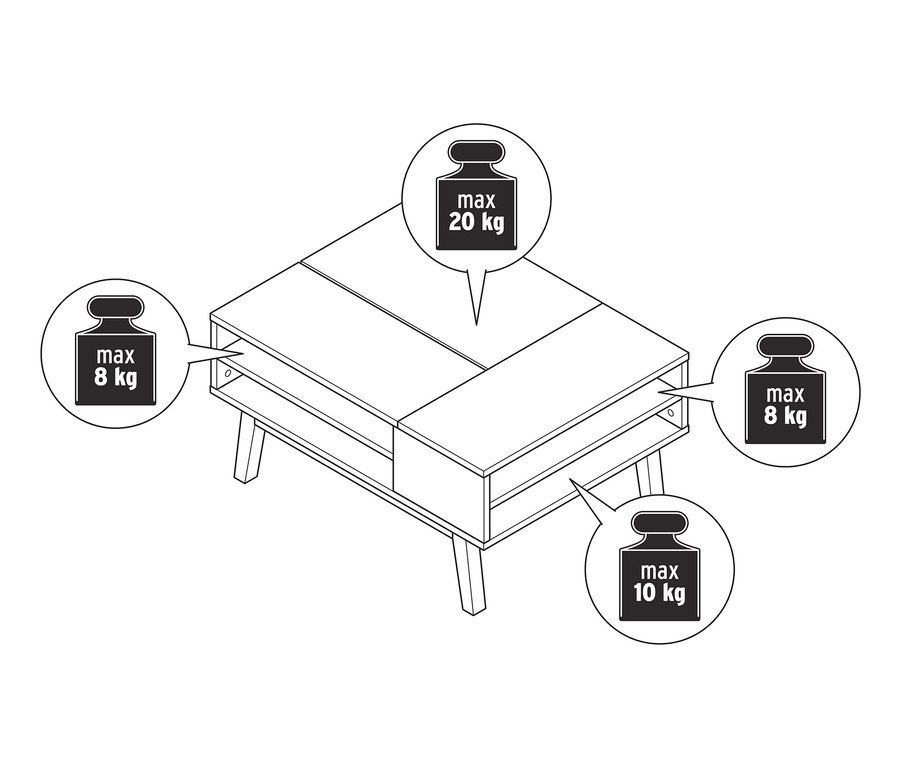 Zeichnung von einem Couchtisch mit aufklappbarer Tischplatte, der eine maximale Tragfähigkeit von 20 kg auf der Tischplatte hat.