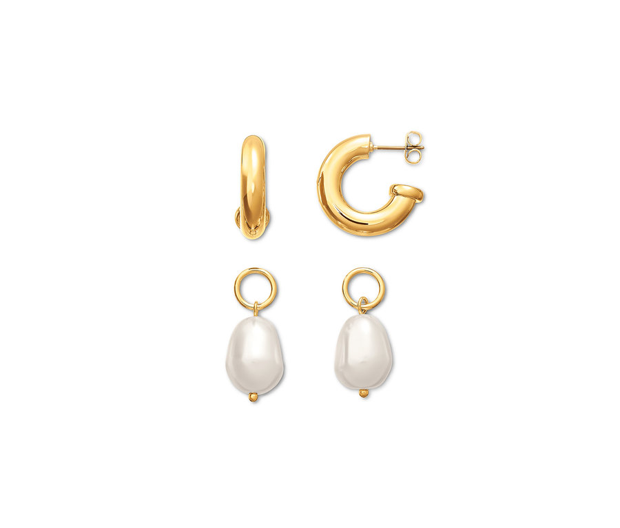 Zwei Creolen, 23 Karat vergoldet, mit Glasperlen.