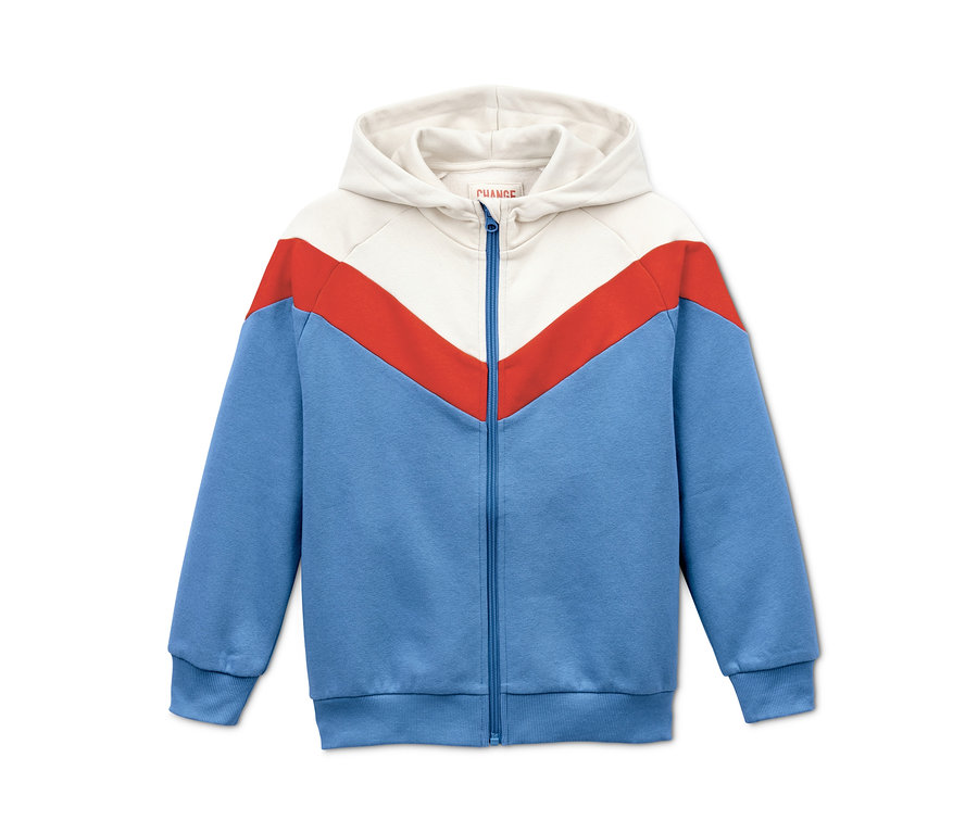 Blaue Sweatjacke mit Reißverschluss und Kapuze.