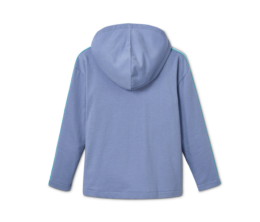 Rückansicht einer blauen Sweatjacke mit Kapuze aus recyceltem Polyester.