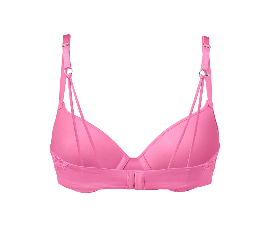 Detailansicht eines pinkfarbenen T-Shirt-BHs mit doppelten Trägern.