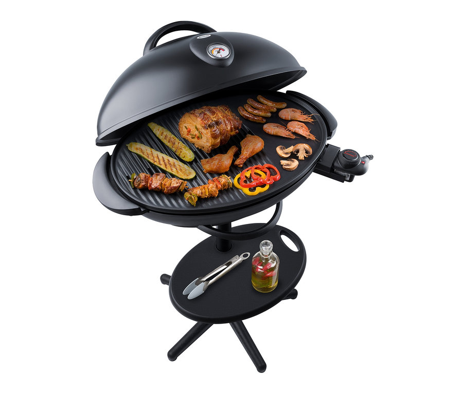 Schwarzer Steba-BBQ-Grill »VG 350 BIG« mit verschiedenen Grillprodukten.