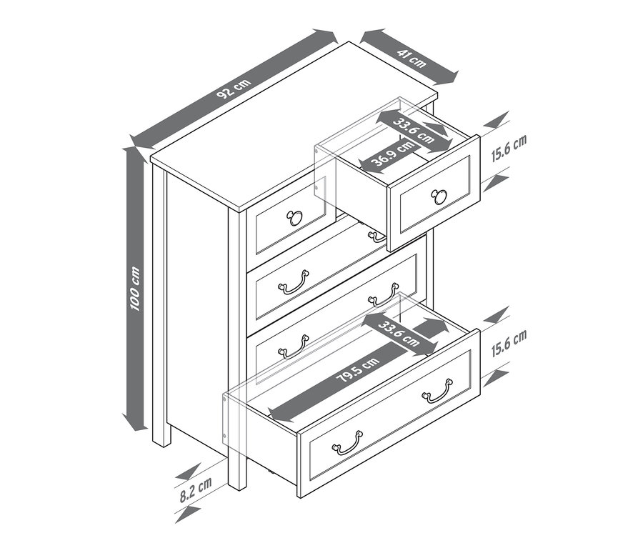 Eine schematische Zeichnung einer Kommode mit vier Schubladen, wobei die oberen beiden Schubladen teilweise geöffnet sind. Die Abmessungen sind mit Pfeilen dargestellt.