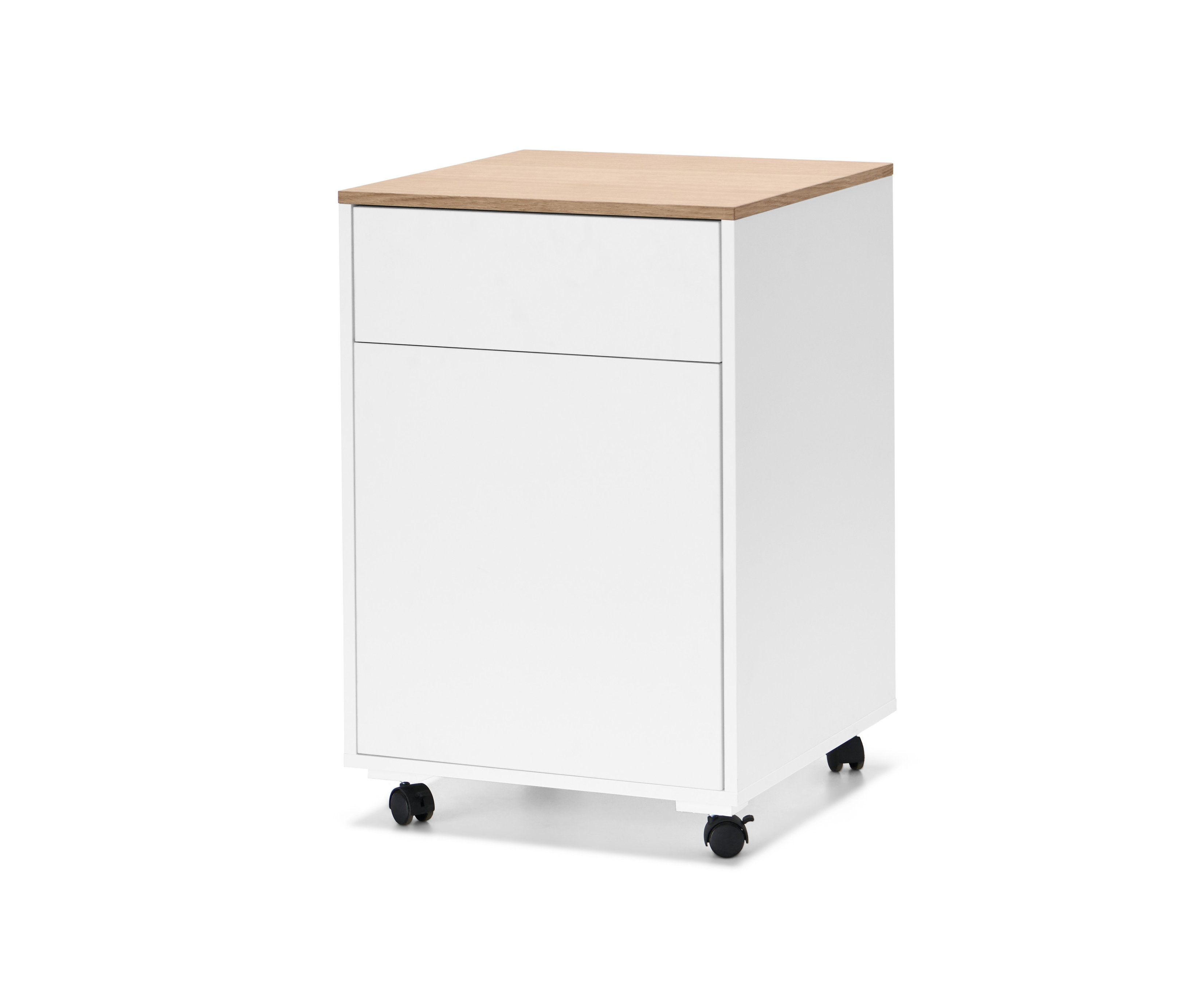 Weißer Officeschrank mit Holzplatte und Schublade.
