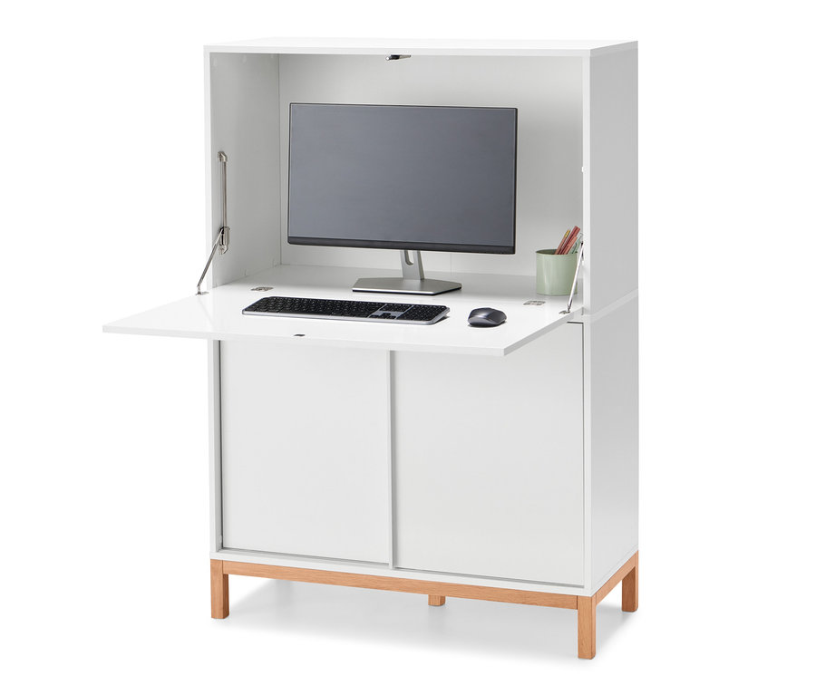 Weißer Officeschrank zum Aufklappen mit Tastatur, Maus und Monitor darauf.